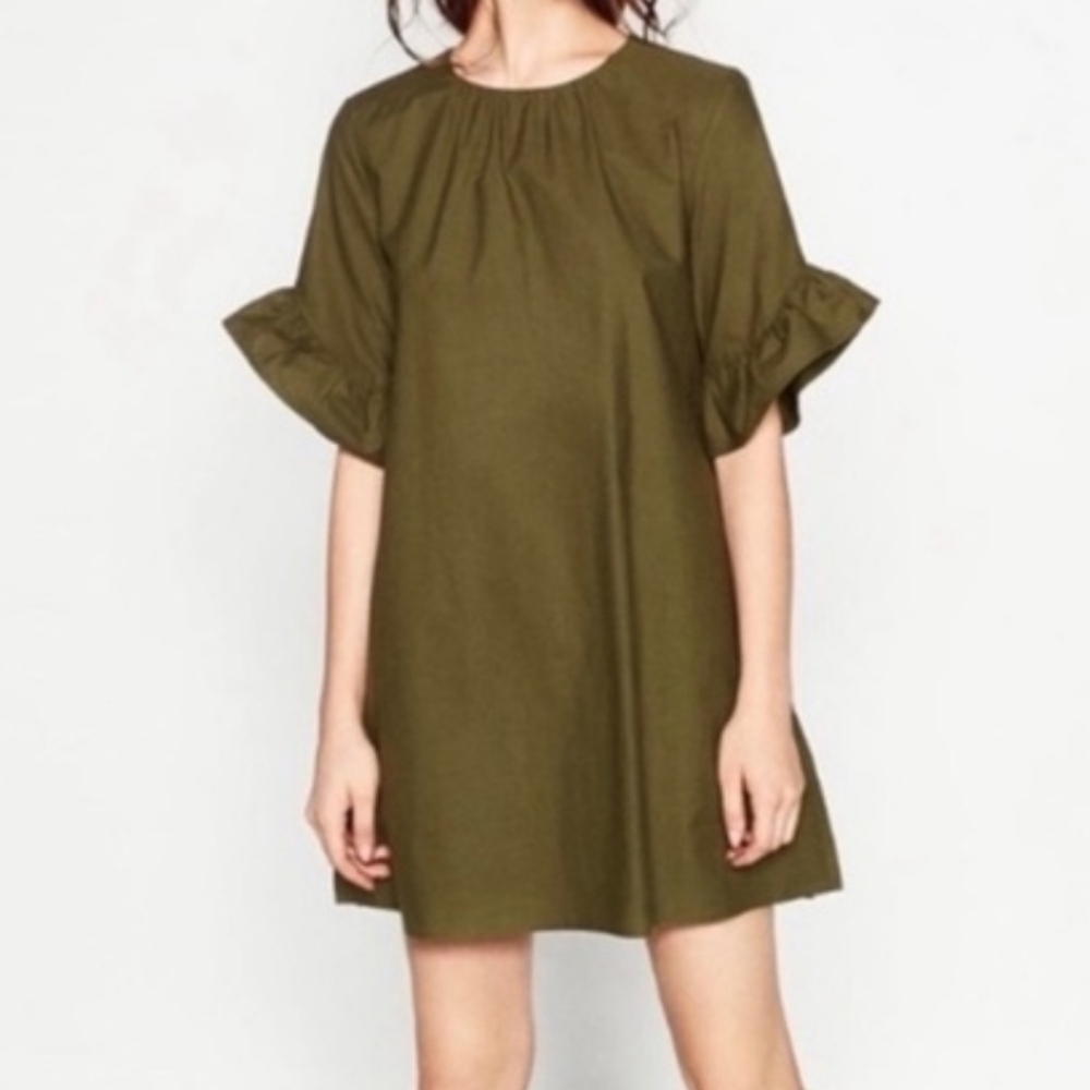 Zara Olive Green Ruffle Sleeves Romper Dress